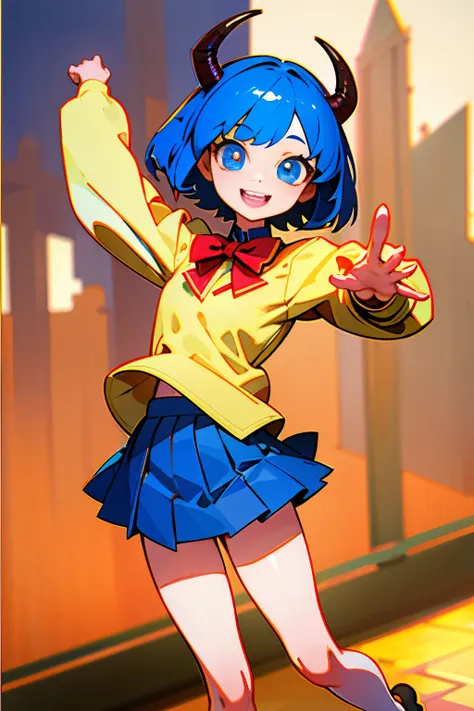 masterpiece、highest quality、4k、1 beautiful girl、demon high school girl、real、3D、whole body、high school girl uniform、Demon horn、short hair、blue hair、micro mini skirt、golden eyes、Big eyes、cute eyes、tooth、smile、building street、watercolor style、