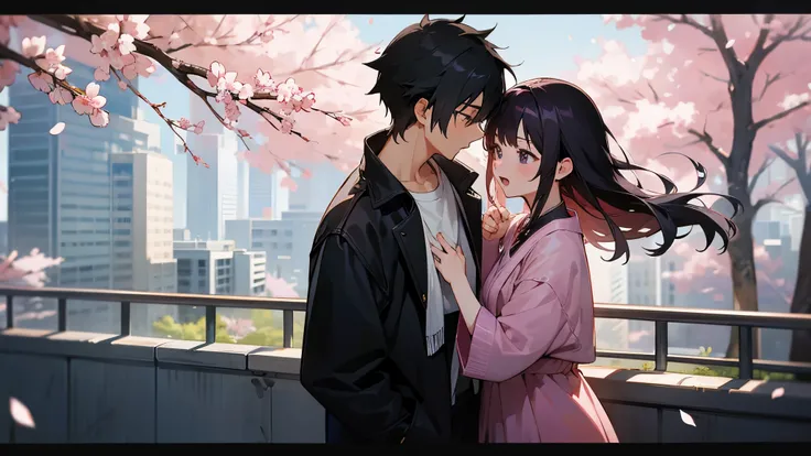 anime illustration、high resolution、male and female couple、15 years old、black straight hair、Urban city、Sakura petals、movie scene、love affair