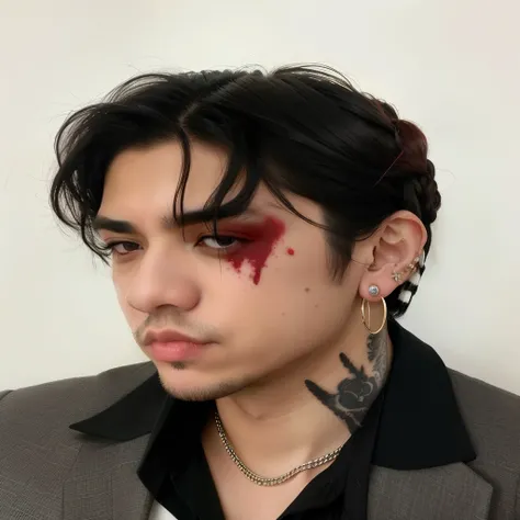 Hombre arafed con cabello negro con puntas rojas y piercings en la cara., handsome japanese demon boy, salpicaduras de sangre en los lados, Sus ojos sangran intensamente, araki, arca album cover, Cara limpia y de sangre brutal, Maquillaje cyberpunk, aser d...