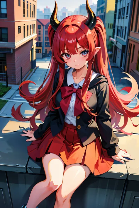 masterpiece、High resolution、4k、1 beautiful girl、demon high school girl、real、whole body、high school girl uniform、Demon horn、long hair、red hair、micro mini skirt、golden eyes、Big eyes、cute eyes、building street、watercolor style、