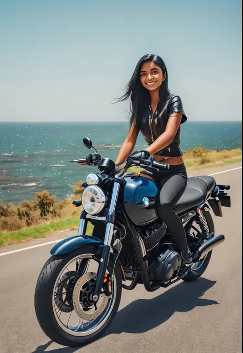 Beautiful Indian girl, about 15 years old, long black hair, smiling, riding a flying BMW motorbike, country road with sea view, photo style,  --auto --s2