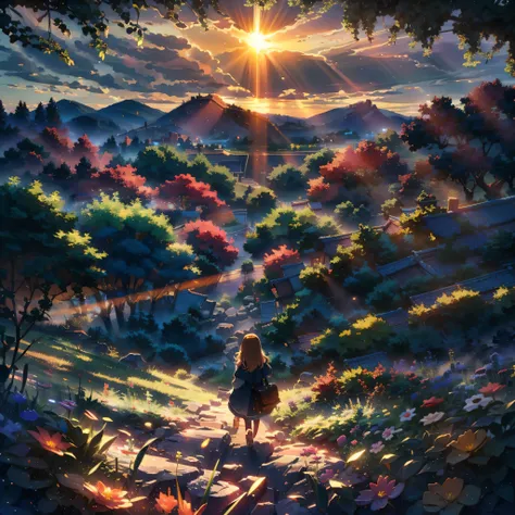 夕阳斜射透过Leaves，Cast dappled light and shadow，young，1 girl，Stroll through the dense woods，She walked home along the path，dense leaves，A little golden sunshine shines on her silky hair，blond，long hair，Rear view，Leaves，trees，Soft soil，wild flowers，Two squirrels...