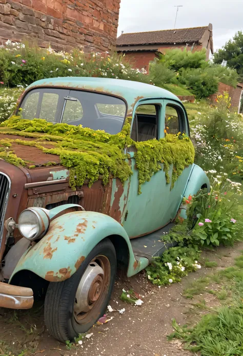 an old car rusty with flowers and green over it