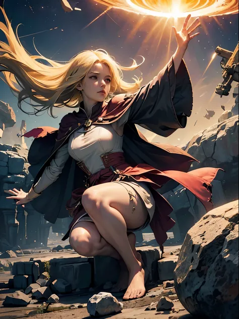 female barefoot summoner levitating with blonde hair robes and cape arms lifted up over a broken earth bright lava light from below asteroid field (jagged rocks boulders and debris shooting into the air:1.3) (windy dust debris storm:1.1) volumetric fog mis...