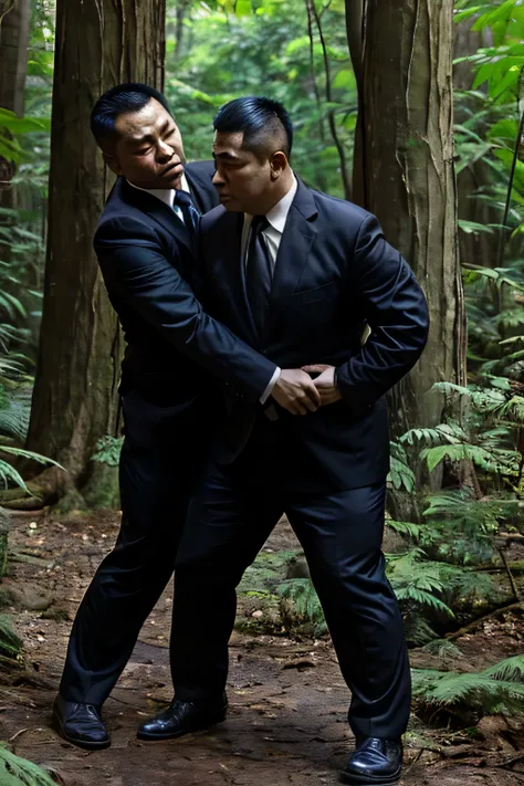 Two people wearing black ties, Fat Chinese mature middle-aged man fighting with security guard in forest，Half body