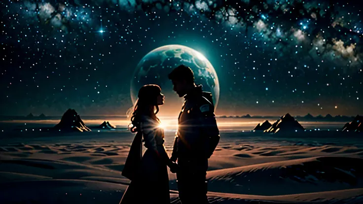 Cinematic love science fiction illustration depicting a climactic moment in a space odyssey, where two star-crossed lovers reunite on the surface of a distant, alien planet. In the style of sci-fi movie posters and the romantic imagery found in films like ...