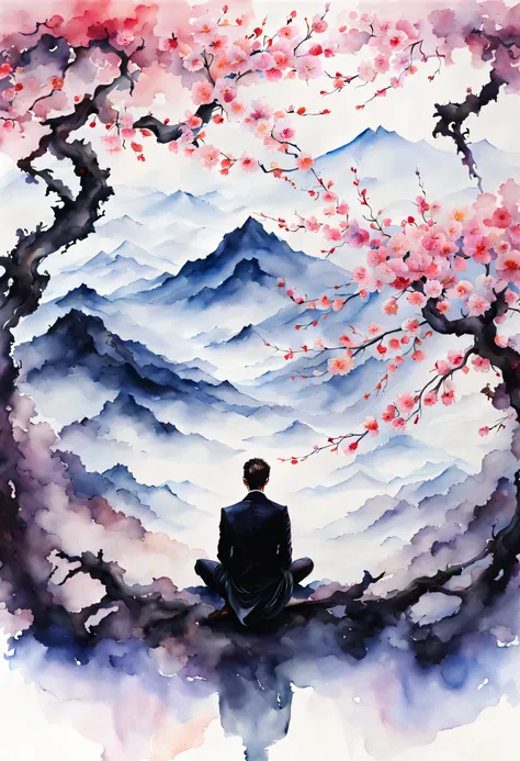 stunning watercolor of views on life and death masterpiece, center position is phoenix, cherry blossom tree, under position is black-color-rose, capturing the essence of both strength and beauty, aesthetics of death, visually striking watercolor rendering,...