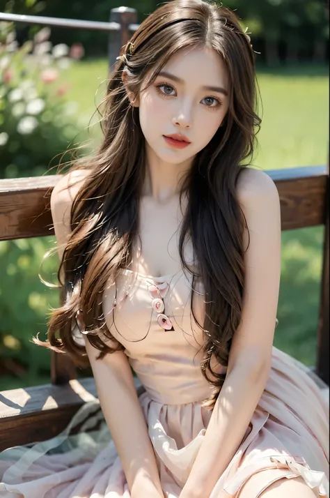 Romantic Rosette dress2,fashi-girl, red lips, mature female, makeup, Big eyes, Pretty eyes, ((full body)), ((Random shooting angles)), (best quality, masterpiece:1.2), ultra-detailed, (realistic:1.37), beautiful, youthful, glamorous model with (detailed ey...