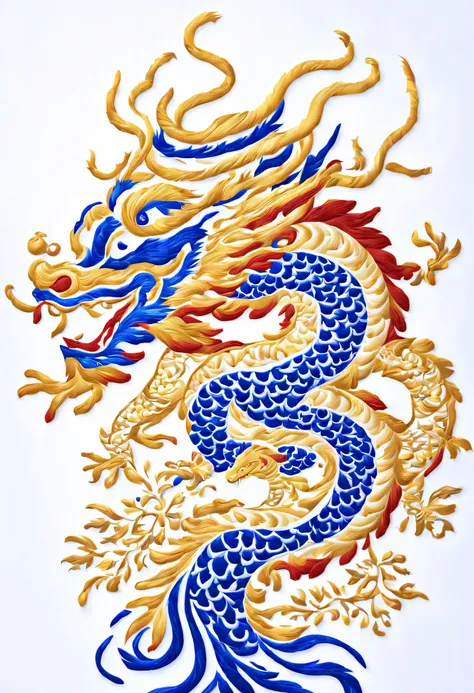 简约style，China(embroidery:2)style，Close-up of faucet on white surface, super fine, China龙, blue dragon, smooth China龙, dragon art, Portrait of Dragons, golden dragon, Dragon in the sky，There is a lot of white space on the screen