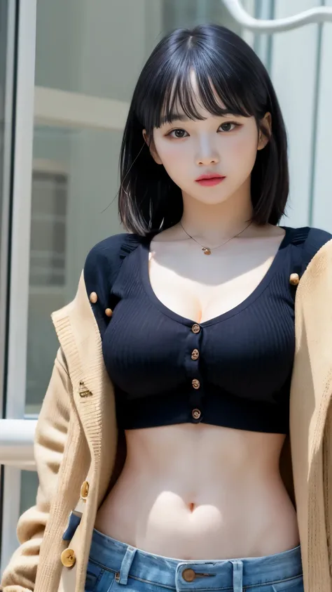 Chaewon, half open buttons, half open cardigan, cleavage, navel