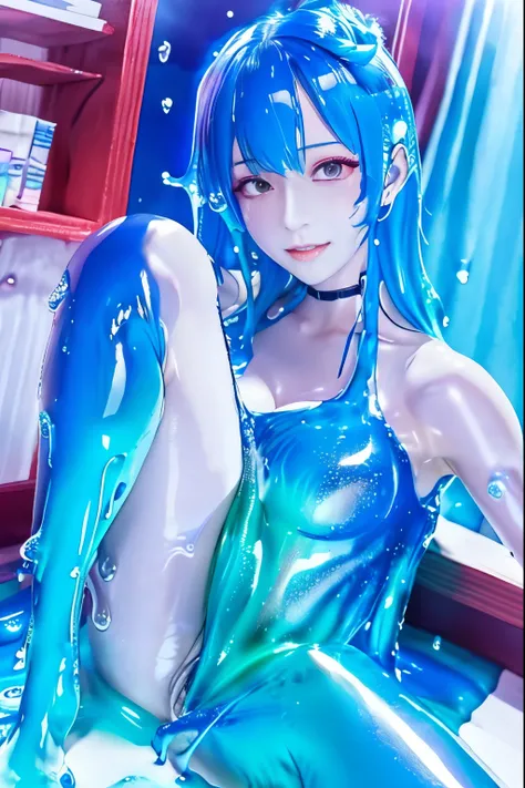 (hight resolution,masutepiece:1.2),Ultra-detailed,(Realistic:1.37),  Slime Girl,covered in blue slime, (partially transparent), (Wet with water), (blue sweat), Slimy blue liquid dripping from her body. Her hair is also covered in blue slime. blue slime sca...