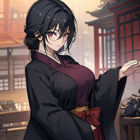 a woman wearing a black kimono with red details, red eyes, big breasts, in a japanese castle.