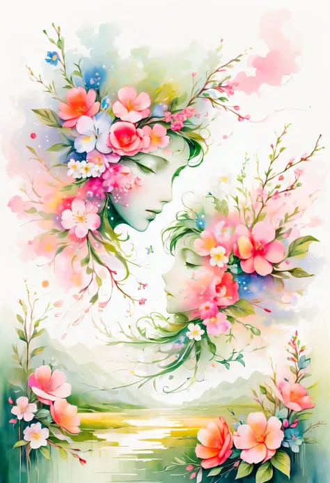 this watercolor flower painting presents an elegant and fresh visual effect。wild flowers and peach blossoms intertwined in the f...