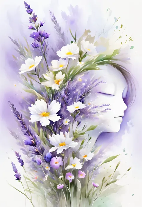 this watercolor flower painting presents an elegant and fresh visual effect。wildflower and lavender fields，forming the perfect c...