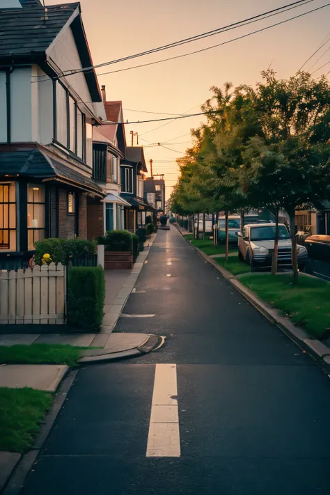 (retro:1.5)streetscape,British style、at dusk,photorealistic,Angle of standing on the sidewalk and looking at the house from the other side of the road