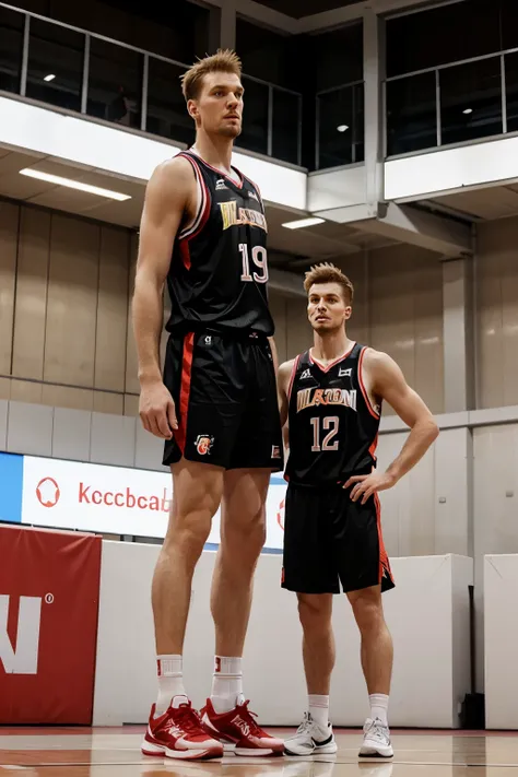 a crazy and incredible tall German basketball player stands next to a very short male gymnast, height difference, very very tall