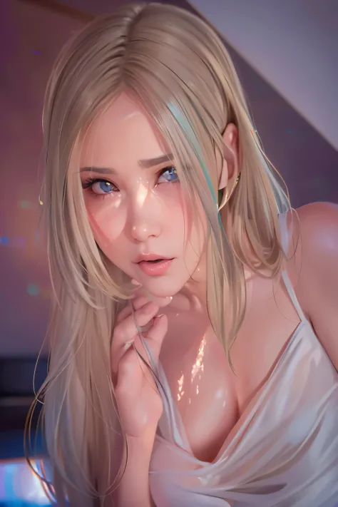 Mulher loira com olhos azuis e cabelos longos posando para uma foto, obras de arte no estilo de guweiz, [ arte digital 4k ]!!, inspirado em Yanjun Cheng, Retrato realista kawaii, Arte digital altamente detalhada em 4k, no art style by bowater, Arte digital...