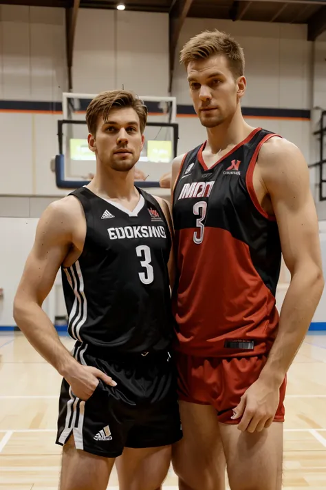 a crazy and incredible tall German basketball player stands next to a short male gymnast, focus on height difference