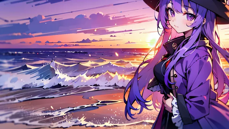 beach，seaside，Sunset，purple long hair，purple eyes，Purple coat，8K resolution，anime, high quality