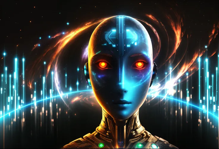 arafed image of a man with glowing eyes and a glowing body, cyborg goddess in cosmos, artificial intelligence god, an image of a beautiful cyborg, the coming ai singularity, artificial intelligence gods, portrait of female humanoid, the encrypted metaverse...