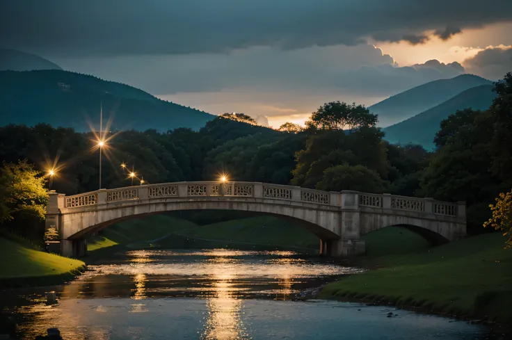 landscape, bridge, realistic, light abstraction, sharp focus, depth of field,