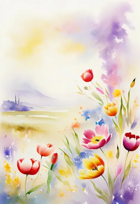 This watercolor flower painting presents an elegant and fresh visual effect。Field of wildflowers and tulips，Forming the perfect combination of nature and romance。The screen is dominated by a white background，Highlight isolated watercolor flower。Splash tech...