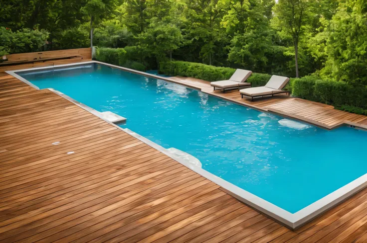 cozy swimming pool, realistic, sharp focus, depth of field, canon, dynamic lighting