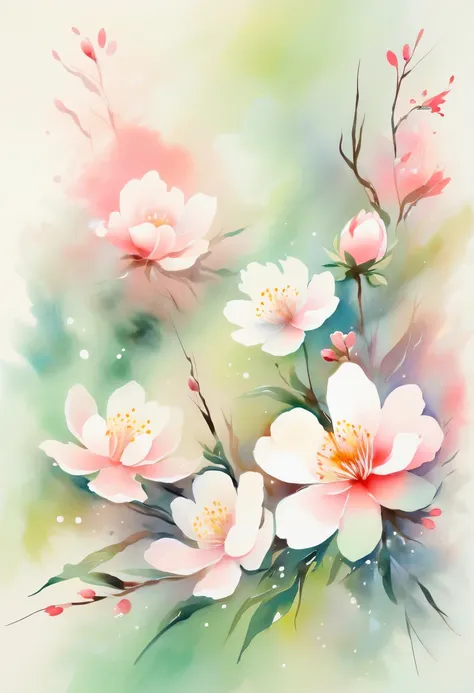 This watercolor flower painting presents an elegant and fresh visual effect。Wild flowers and peach blossoms intertwined in the fields,Forming the perfect combination of nature and romance。The screen is dominated by a white background,Highlight isolated wat...