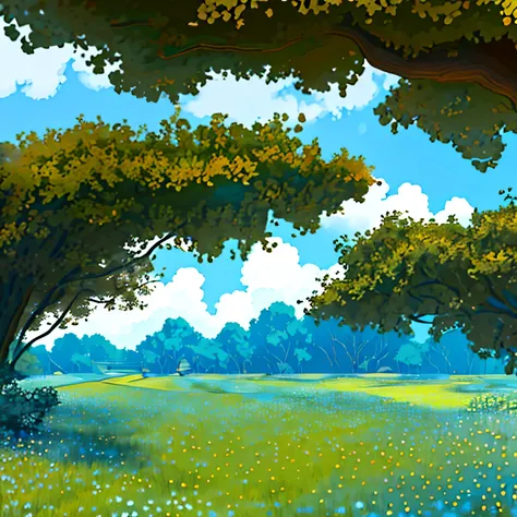 Realistic, authentic, beautiful and amazing landscape oil painting Studio Ghibli Hayao Miyazaki&#39;s petal grassland with blue sky and white clouds --v6