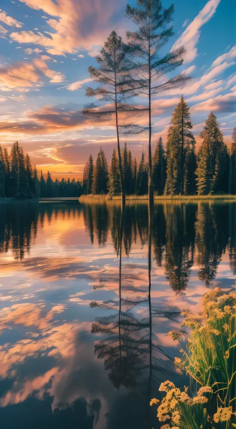 Wallpaper, summer, lake, dawn, forest, clouds, dawn background, depth of field, HD detail, hyperdetail, cinematic, soft light, deep field focus bokeh, ray tracing, diffuse (ultra-fine glass reflection) and realism. --v6