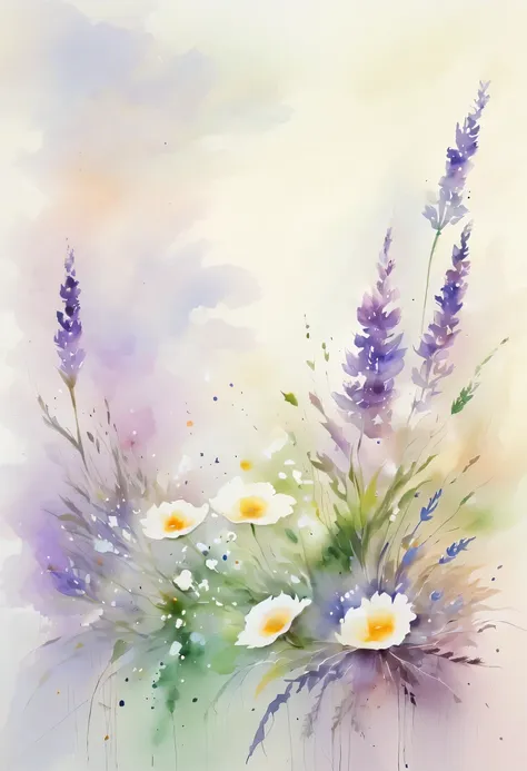 this watercolor flower painting presents an elegant and fresh visual effect。wildflower and lavender fields，forming the perfect c...