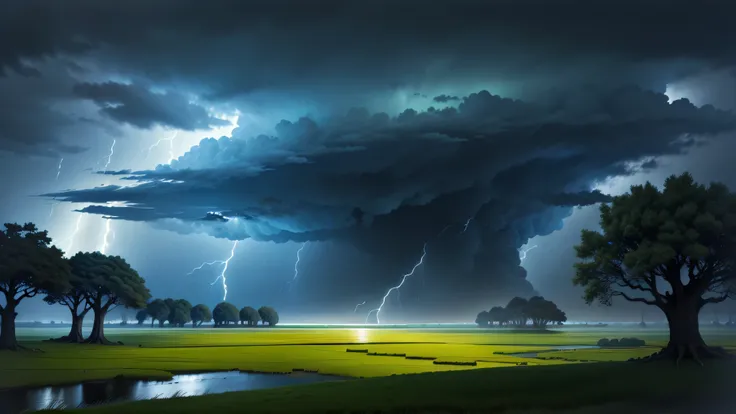 High quality, master quality, 4k, midnight rain, highly detailed, thunder storm, dark stormy clouds, rushing wind, plain grass landscape, wet lands, few giant trees, even lighting, dramatic lighting, anime style