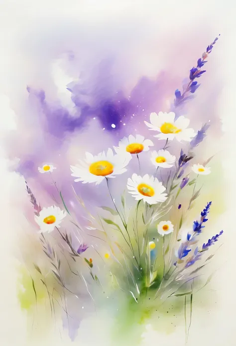 This watercolor flower painting presents an elegant and fresh visual effect。Wildflower and lavender fields,Forming the perfect combination of nature and romance。The screen is dominated by a white background,Highlight isolated watercolor flower。Splash techn...