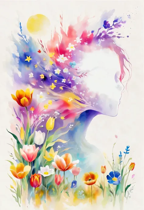 This watercolor flower painting presents an elegant and fresh visual effect。Field of wildflowers and tulips，Forming the perfect combination of nature and romance。The screen is dominated by a white background，Highlight isolated watercolor flower。Splash tech...