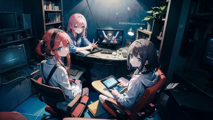 4girl, (masterpiece, best quality),gamer, Computer , Nintento, pale skin