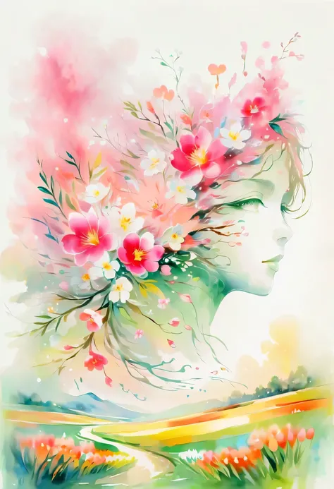 This watercolor flower painting presents an elegant and fresh visual effect。Wild flowers and peach blossoms intertwined in the fields，Forming the perfect combination of nature and romance。The screen is dominated by a white background，Highlight isolated wat...