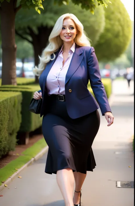 Meisterwerk, Beste Qualität, 40years old attractive, erotic, office worker, huge breasts, business suit, business shirt, ((very long skirt)), long wavy hair, walking gracefully in the park, wide angle shot, full body shot, full person view, looking to view...