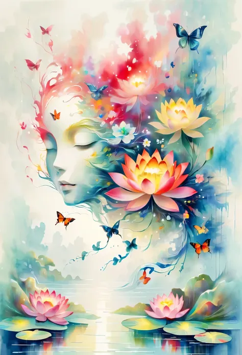 this abstract watercolor flower painting offers a light and refreshing visual effect。lotus flowers and butterflies intertwined i...