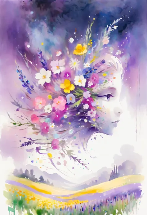 This watercolor flower painting presents an elegant and fresh visual effect。Wildflower and lavender fields，Forming the perfect combination of nature and romance。The screen is dominated by a white background，Highlight isolated watercolor flower。Splash techn...