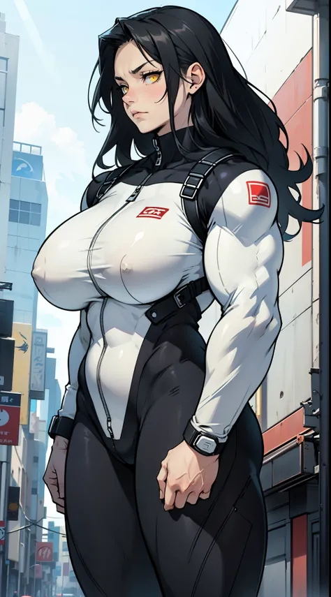 (1girl), black hair, extremely long hair, yellow eyes ((((((muscular)))))), (((huge breasts))), ((((thick thighs)))), solo, despair face, (pale skin), cowboy shot, (((full bodysuit)))