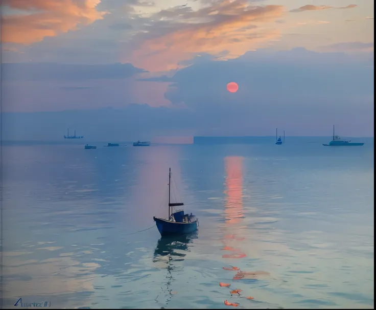 长时间曝光photography，获奖的photography，Realistic，on waters with boats，Sunset, ，stunning lighting, abstract， Claude Monet，abstract，photography，high quality，blue，Orange，Sunset，beautiful scenery，photo，photoRealistic