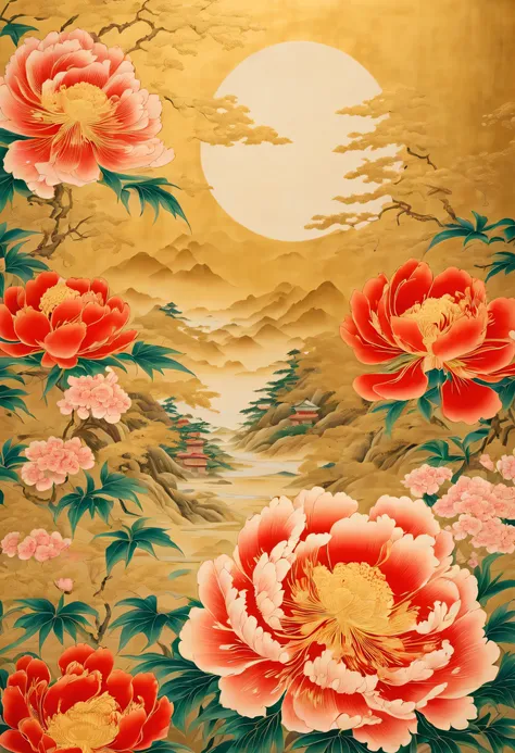 draw a picture of a flower on a folding screen,japanese painting,gold mud,watercolor painting,kira powder,shellfish,folding scre...