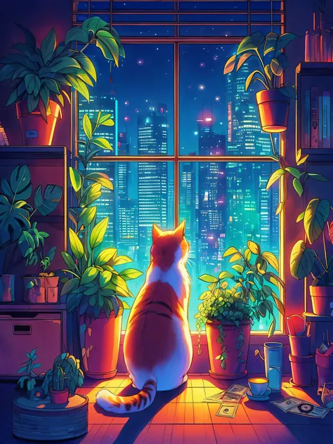 Draw an anime simple scene of a cat sitting near window looking at the city outside, night, plants in pot, lofi vibe, money plant, beautiful color palette, vibrant color tones