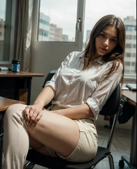 a photo of a beautiful woman, 30 years old, long beautiful hairs, dark brown hair, dark brown eyes, sitting at a table in a conference room, leaning back on her chair, full body, wearing white blouse with rolled up sleeves, wearing tight chino pants, the t...