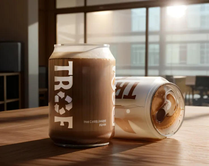 transparent plastic can on a wooden table, half of it is filled with coffee, inside an huge office, photorealistic, dinamic light