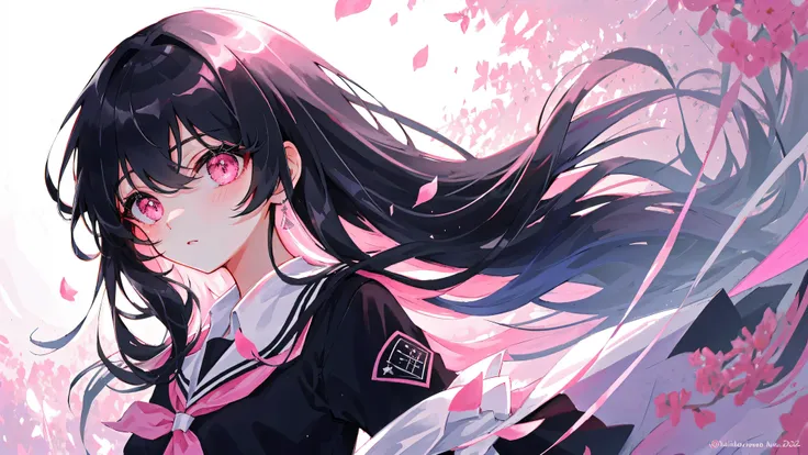 masterpiece, best quality, ultra-detailed, illustration, portrait, 1girll, black_hair, pink eyes,  long hair,  school uniform