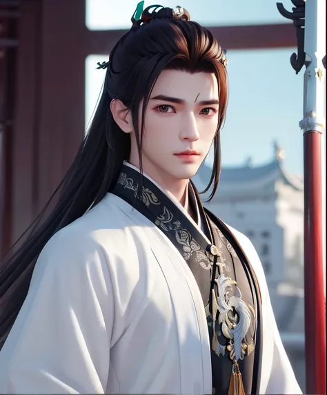 man, handsome, swordsman, jianghu, holding a long sword, chinese style, long hair, three-dimensional facial features, black robe...