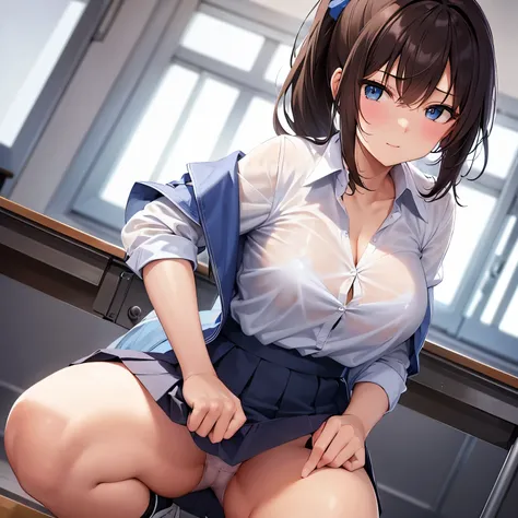 high school girl show off blue bra under white shirt classroom brown hair ponytail miniskirt shy panty shot see through white shirt hair scrunchie squatting