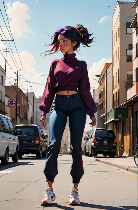 masterpiece, best quality, freckles, solo, dark skin, piercing, 1girl, wind blowing hair, multicolored hair, shoes, black sneakers, purple eyes, blue sweater, undercut, blush, long sleeves, full body, pants, indian style, looking away, looking to the side,...