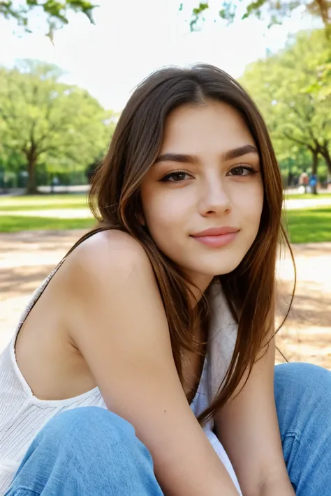 white-skinned Latin woman, 23 years old, light brown eyes, perfect eyes, abundant eyebrows, big eyebrows, sitting in a park, half-length photo, woman looking at the camera, beautiful sunny day.